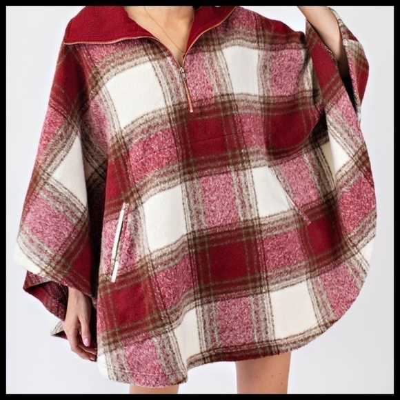 Easel Ultra Lux Cozy Red Plaid Wool Blend Poncho Cape Zippered Neck NWT - Picture 13 of 15